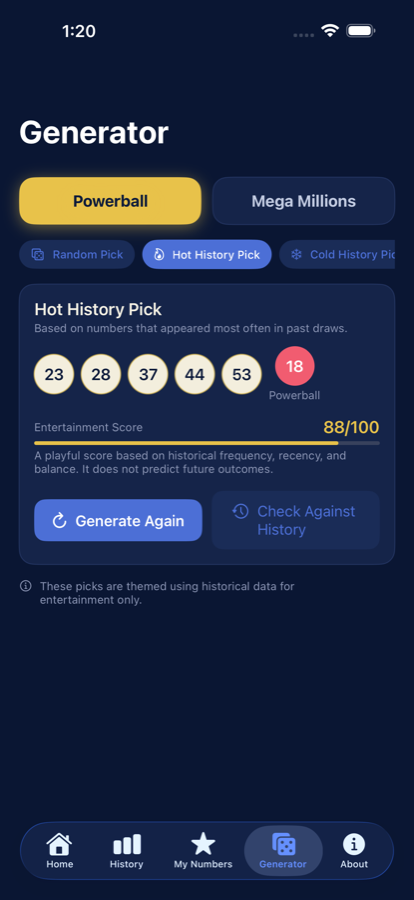 Lucky Lottery number generator with entertainment score
